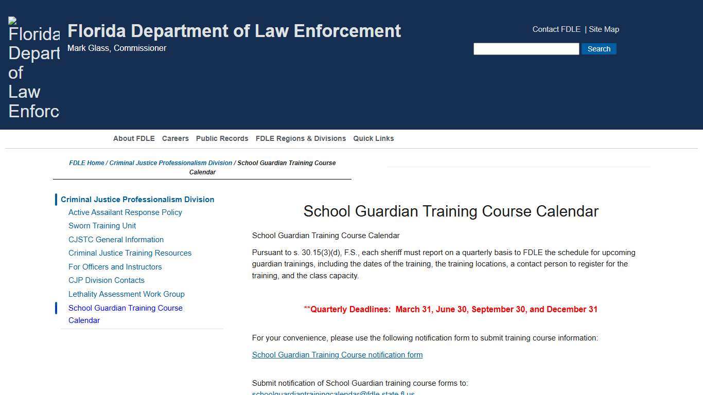 FDLE - School Guardian Training Course Calendar